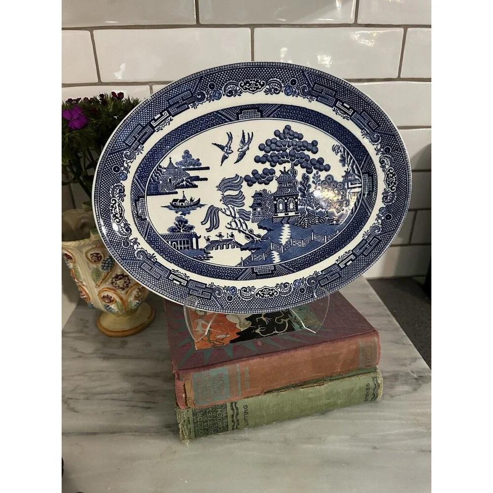 Vtg Johnson Brothers Willow Blue and White Ironstone Oval Platter 10.5